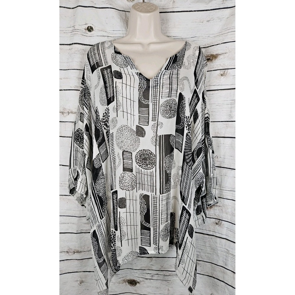 Dilemma Dhun Shroff Tunic Top L/XL Sheer Black White Lagenlook Artsy Oversized